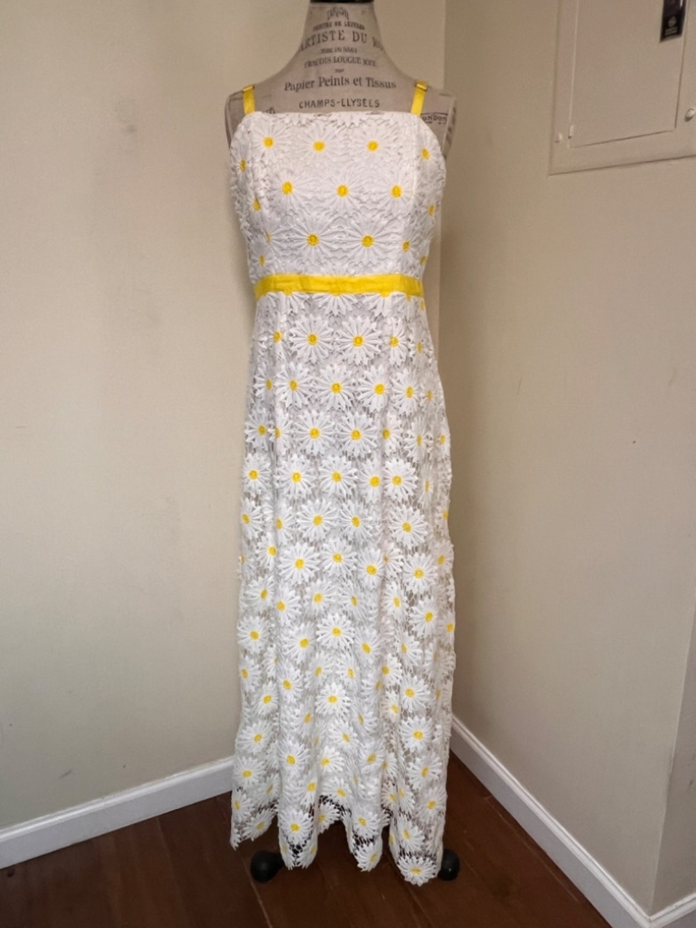 Boston Proper Daisy Lace Maxi Sleeveless Dress White/Yellow size S 12 - cute!